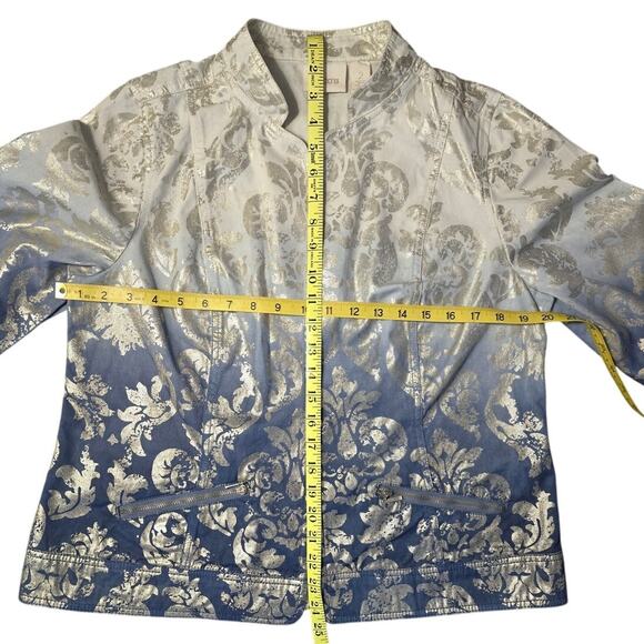 Chico's Foil‎ Print Open Front Jacket Size 2/L Blue to White Ombre Zip Pockets - Picture 5 of 10